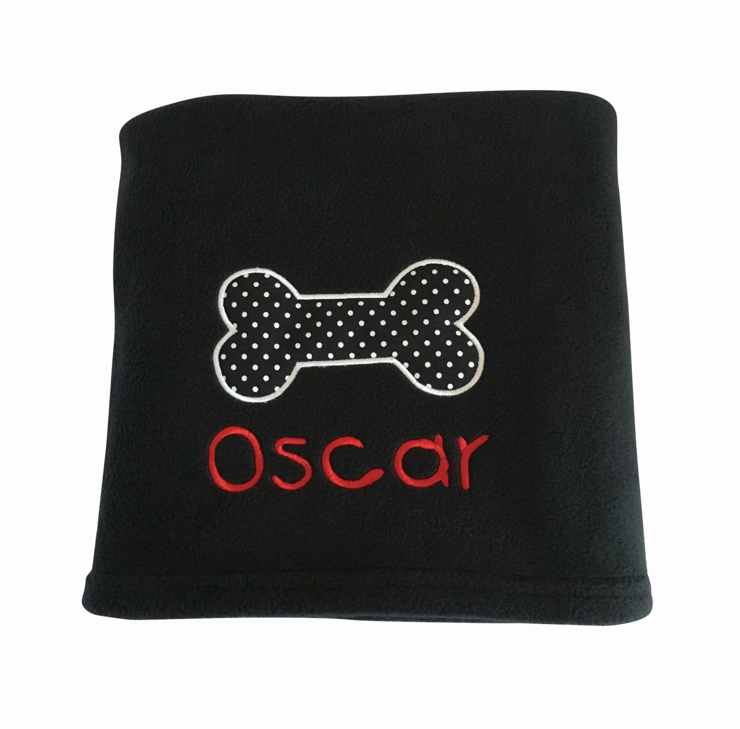 Personalised Black Dog Blanket with Appliqu?? Polka Dot Bone