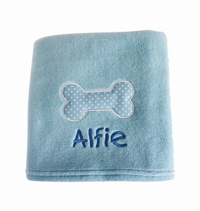 Personalised Blue Dog Blanket with Appliqu?? Polka Dot Bone