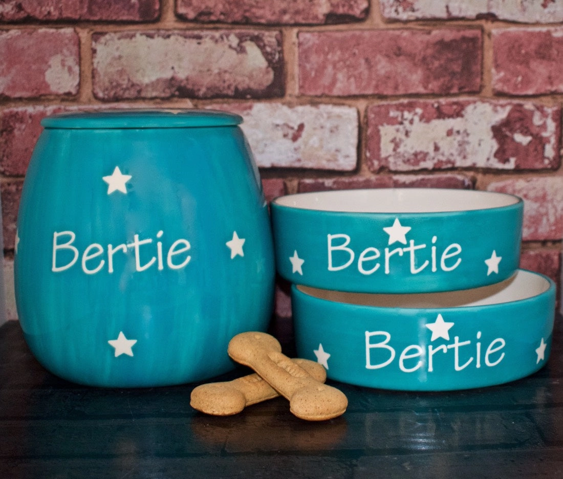 Personalised Ceramic Polka Dots Dog Bowls & Treat Jar Set