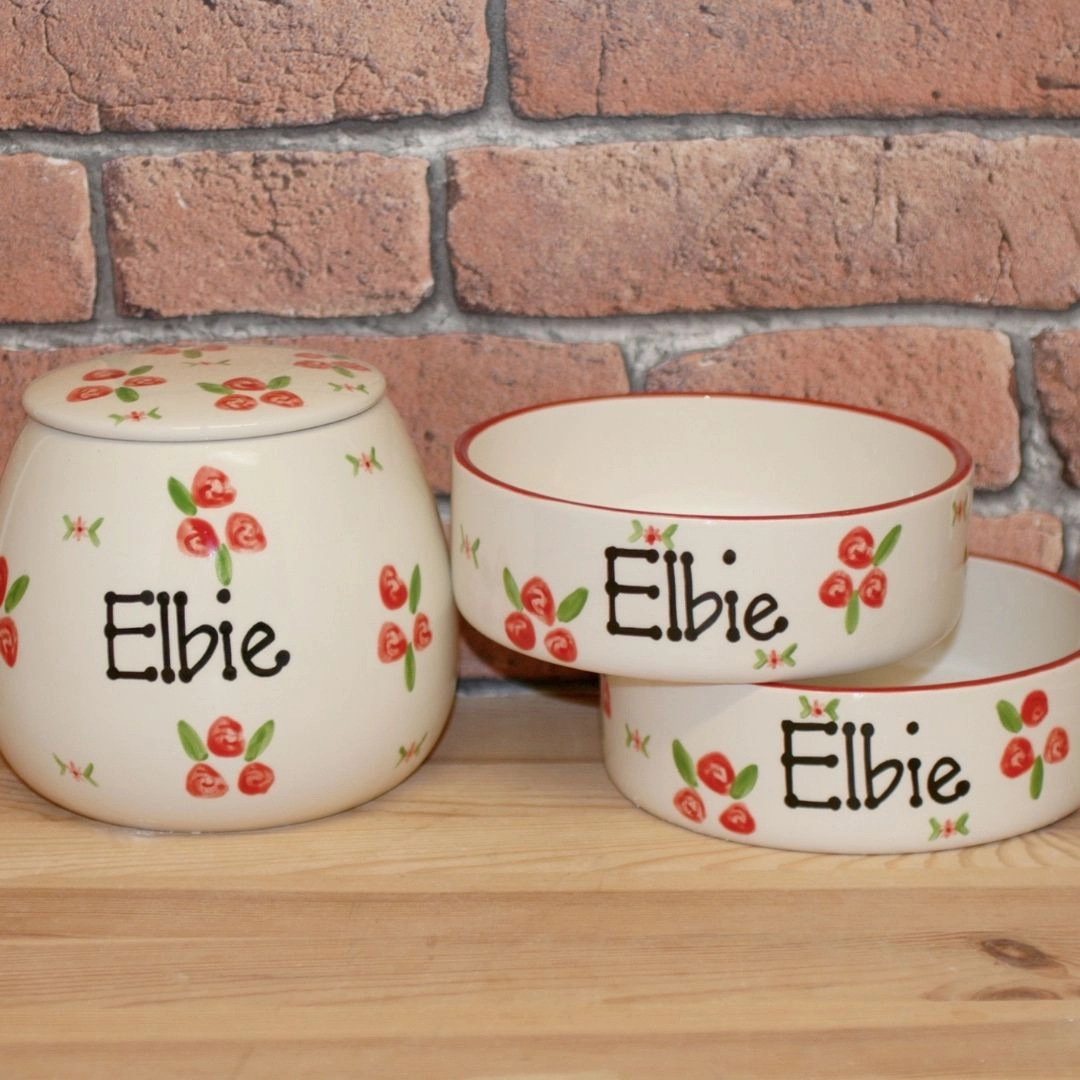 Personalised Ceramic Roses Dog Bowls & Treat Jar Set