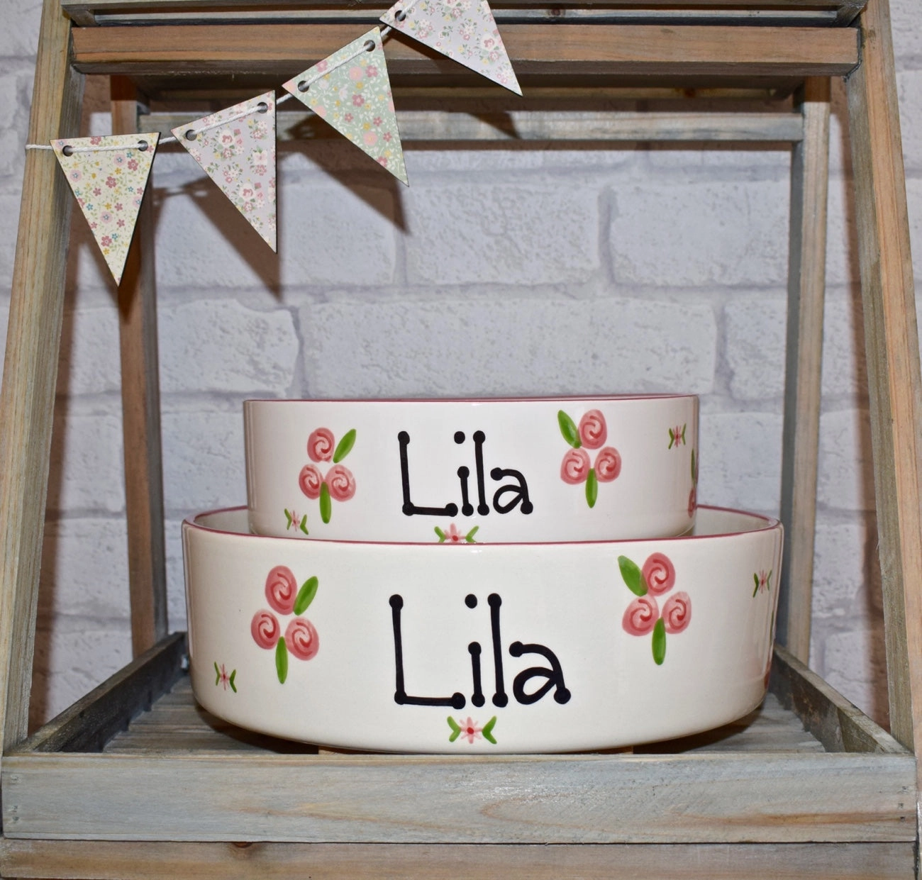 Personalised Ceramic Roses Dog Bowls