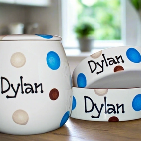 Personalised Ceramic Spotty Dog Bowls & Treat Jar Set