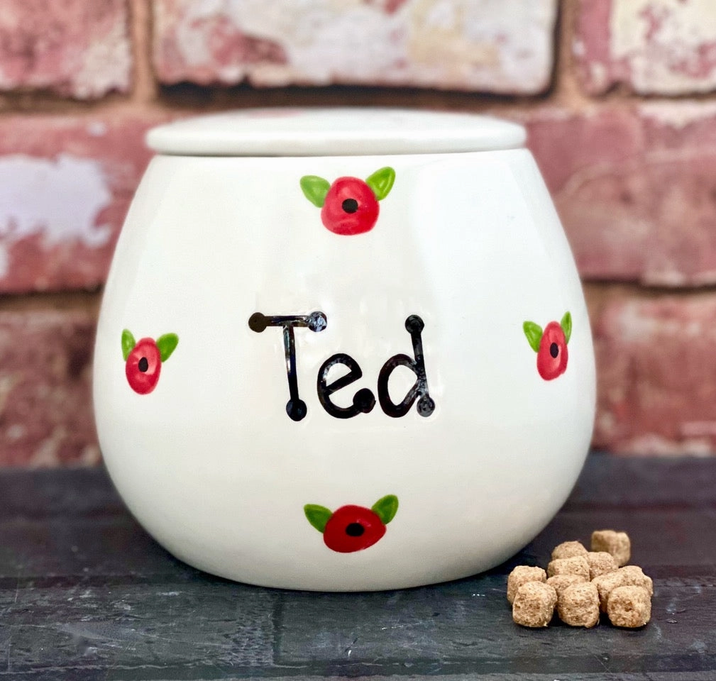 Personalised Dog Bowls and Treat Jar Set In Poppy Design
