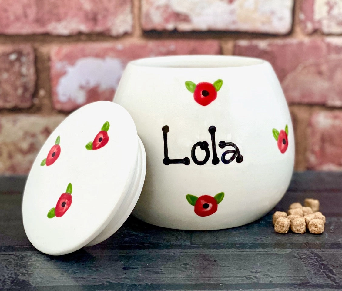 Personalised Dog Bowls and Treat Jar Set In Poppy Design