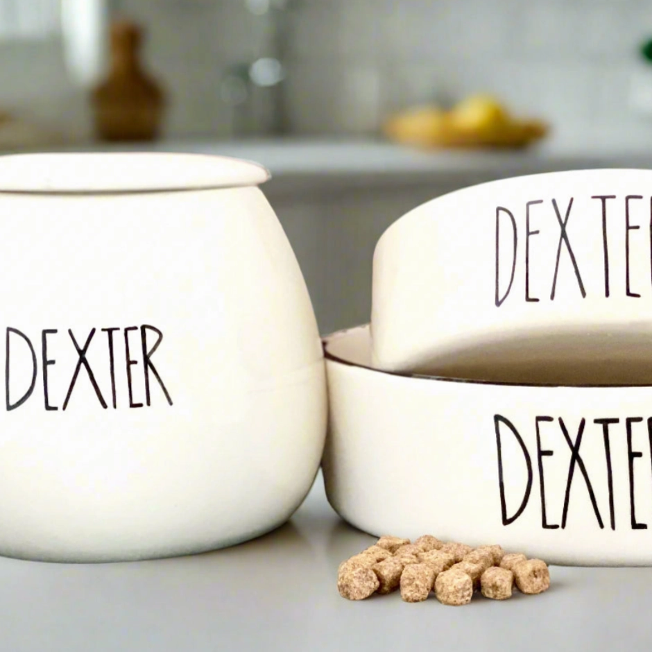 Personalised Dog Bowls and Treat Jar Set In Skinny Font Design