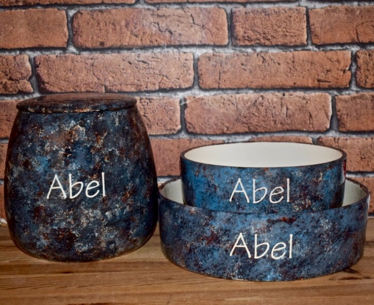 Personalised Granite Design Dog Bowls & Treat Jar Set