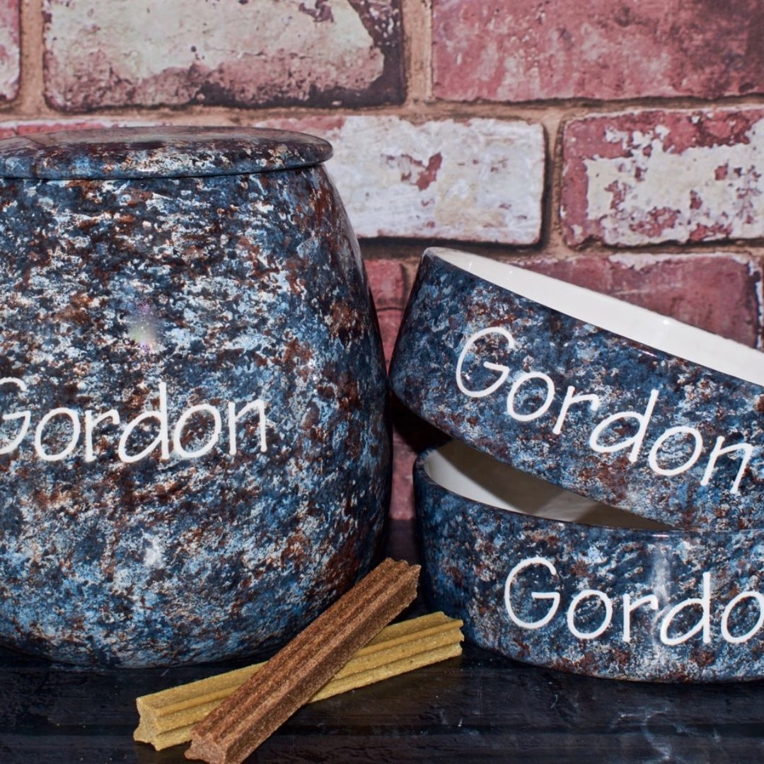 Personalised Granite Design Dog Bowls & Treat Jar Set