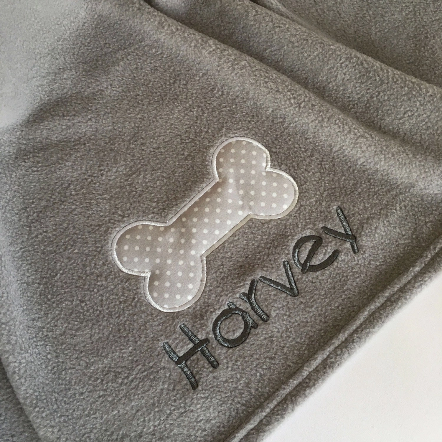 Personalised Grey Dog Blanket with Appliqu?? Polka Dot Bone