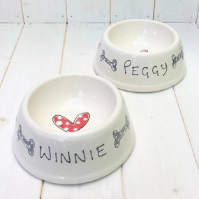 Personalised Hearts and Bones Angled Ceramic Dog Bowl