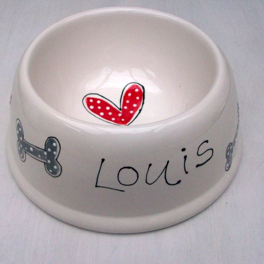 Personalised Hearts and Bones Angled Ceramic Dog Bowl