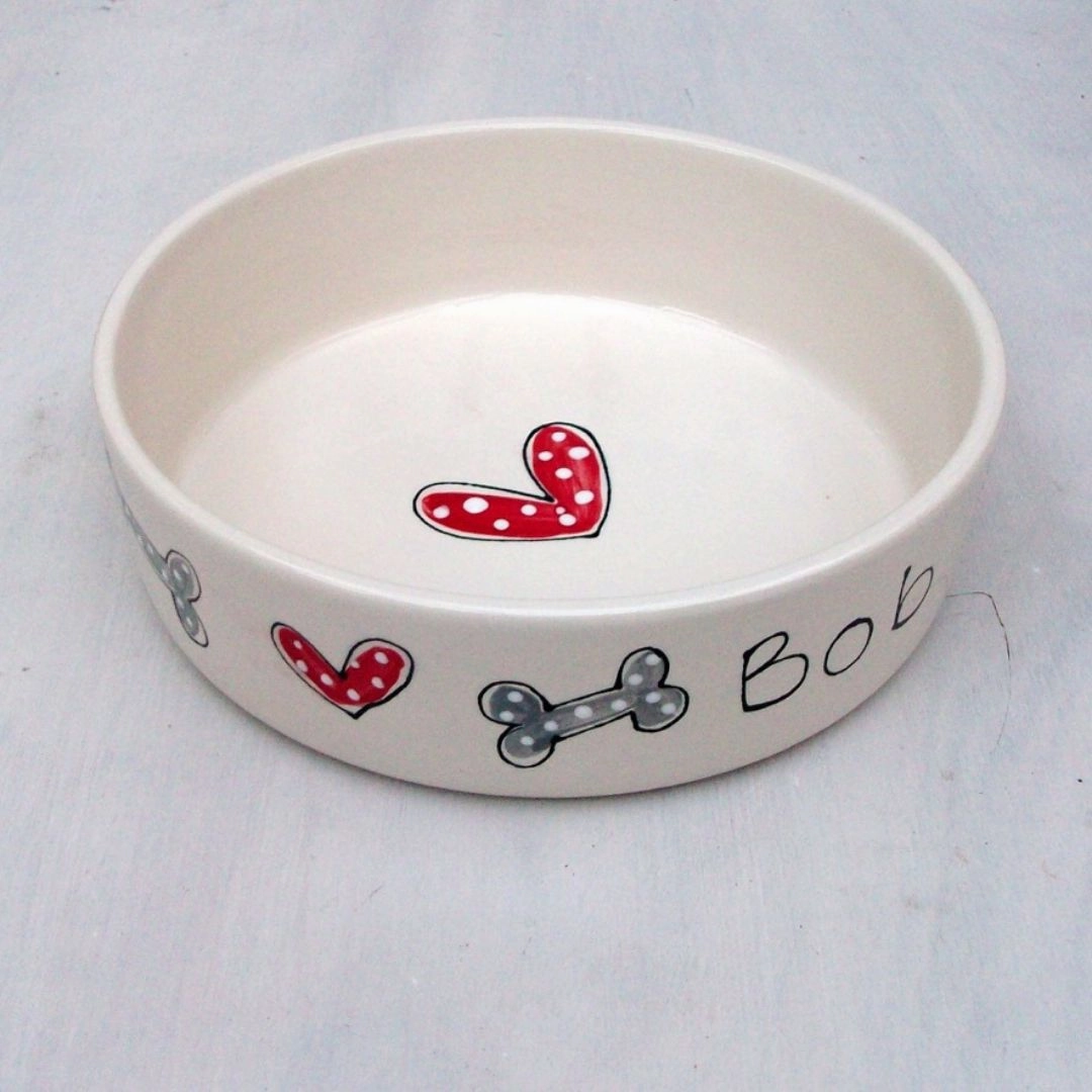 Personalised Hearts and Bones Ceramic Dog Bowl