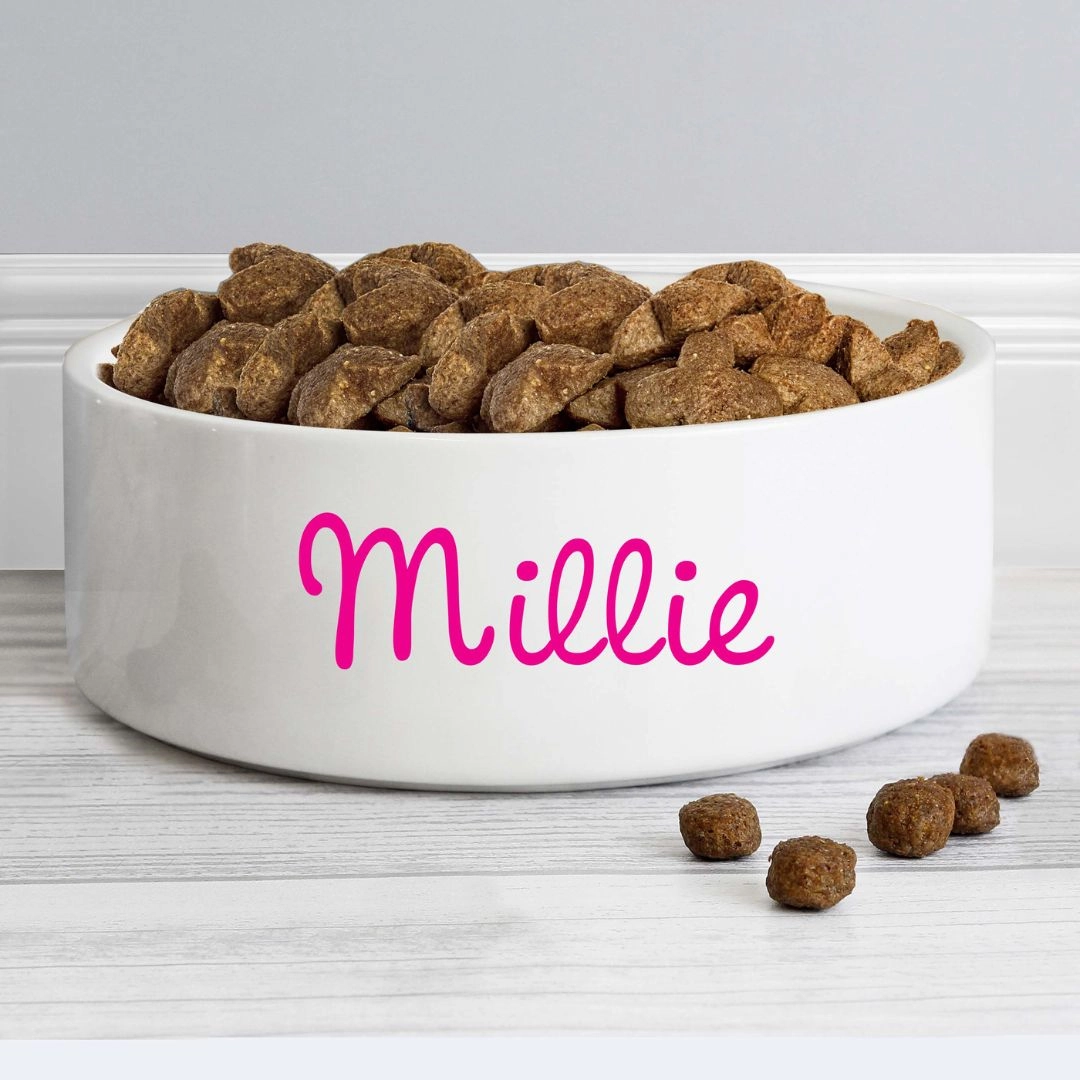 Personalised Pink Name 15cm Medium Ceramic Dog Bowl