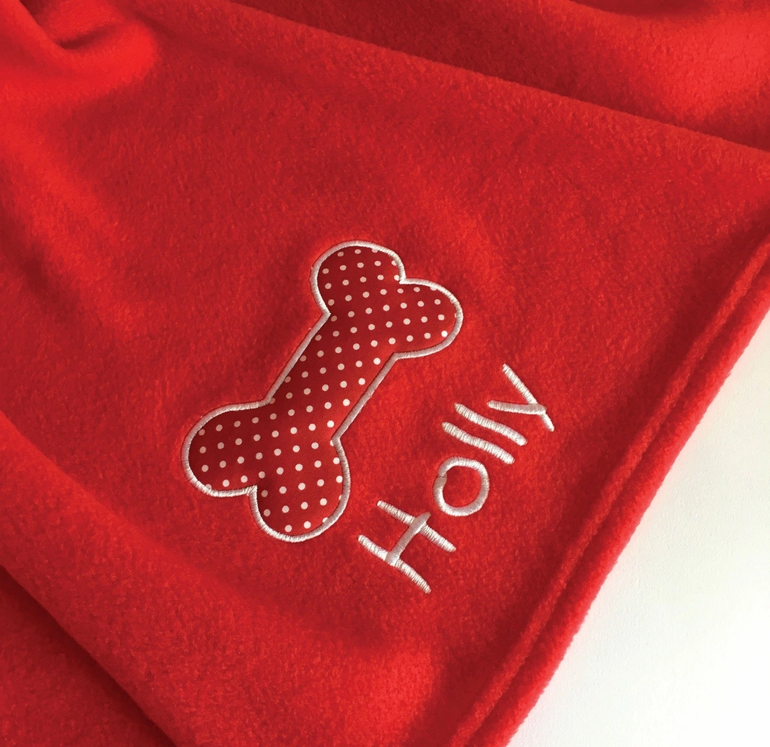 Personalised Red Dog Blanket with Appliqu?? Polka Dot Bone