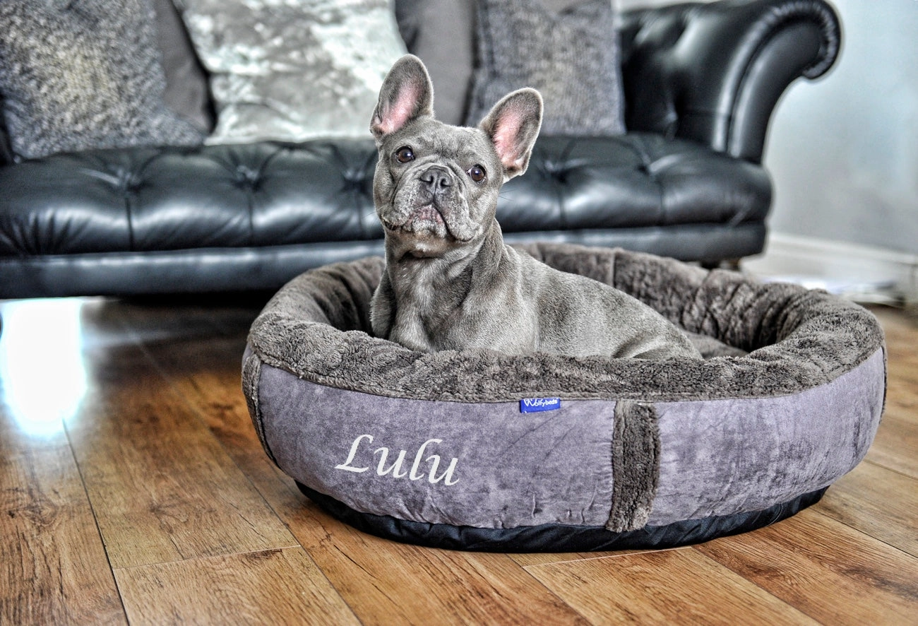 Personalised Slate Grey Fleece Donut Dog Bed