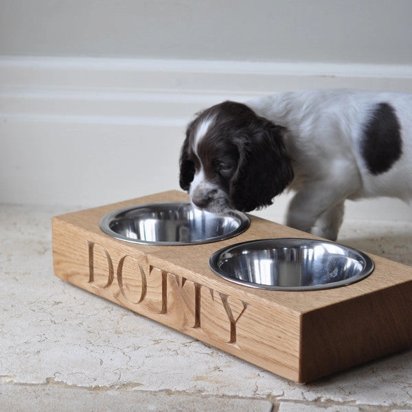 Personalised Solid Oak Double Dog Bowl