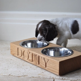 Personalised Solid Oak Double Dog Bowl