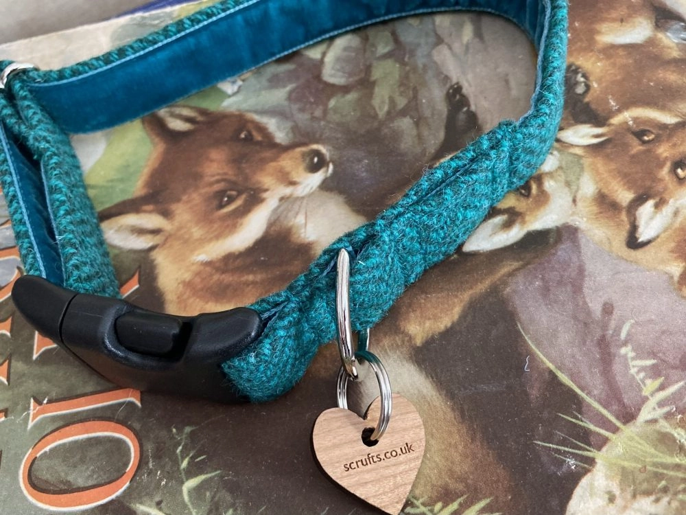 Saile Emerald Green Harris Tweed Dog Collar with Velvet Lining