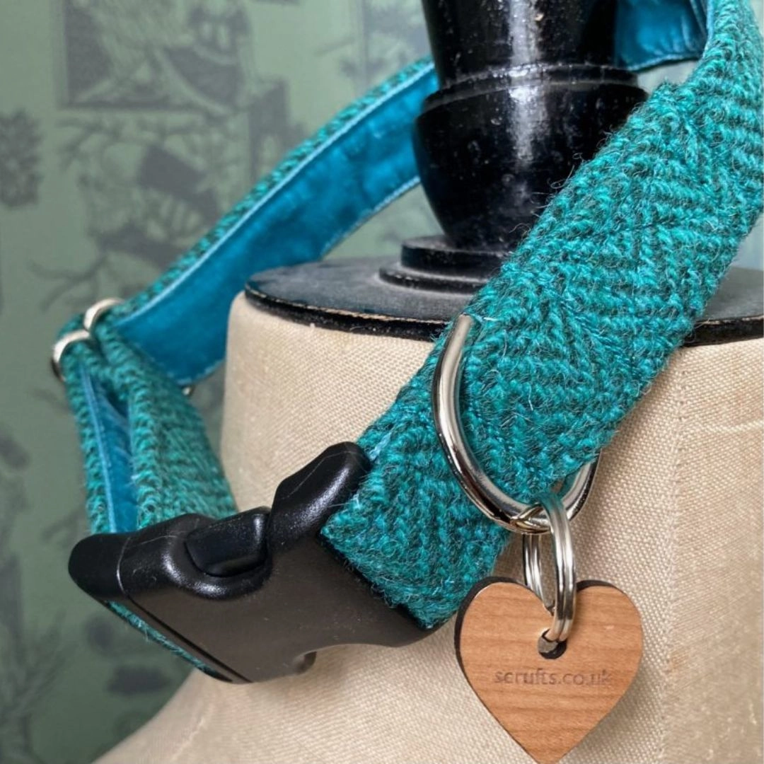 Saile Emerald Green Harris Tweed Dog Collar with Velvet Lining