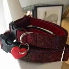 Skinny Berry Crumble Velvet Lined Harris Tweed Designer Dog Collar