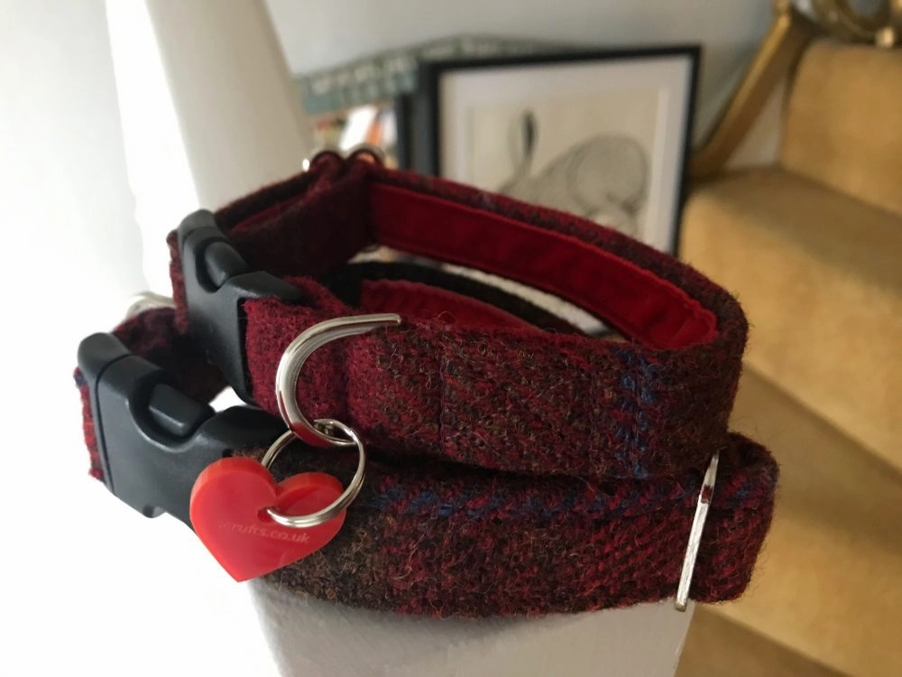 Skinny Berry Crumble Velvet Lined Harris Tweed Designer Dog Collar