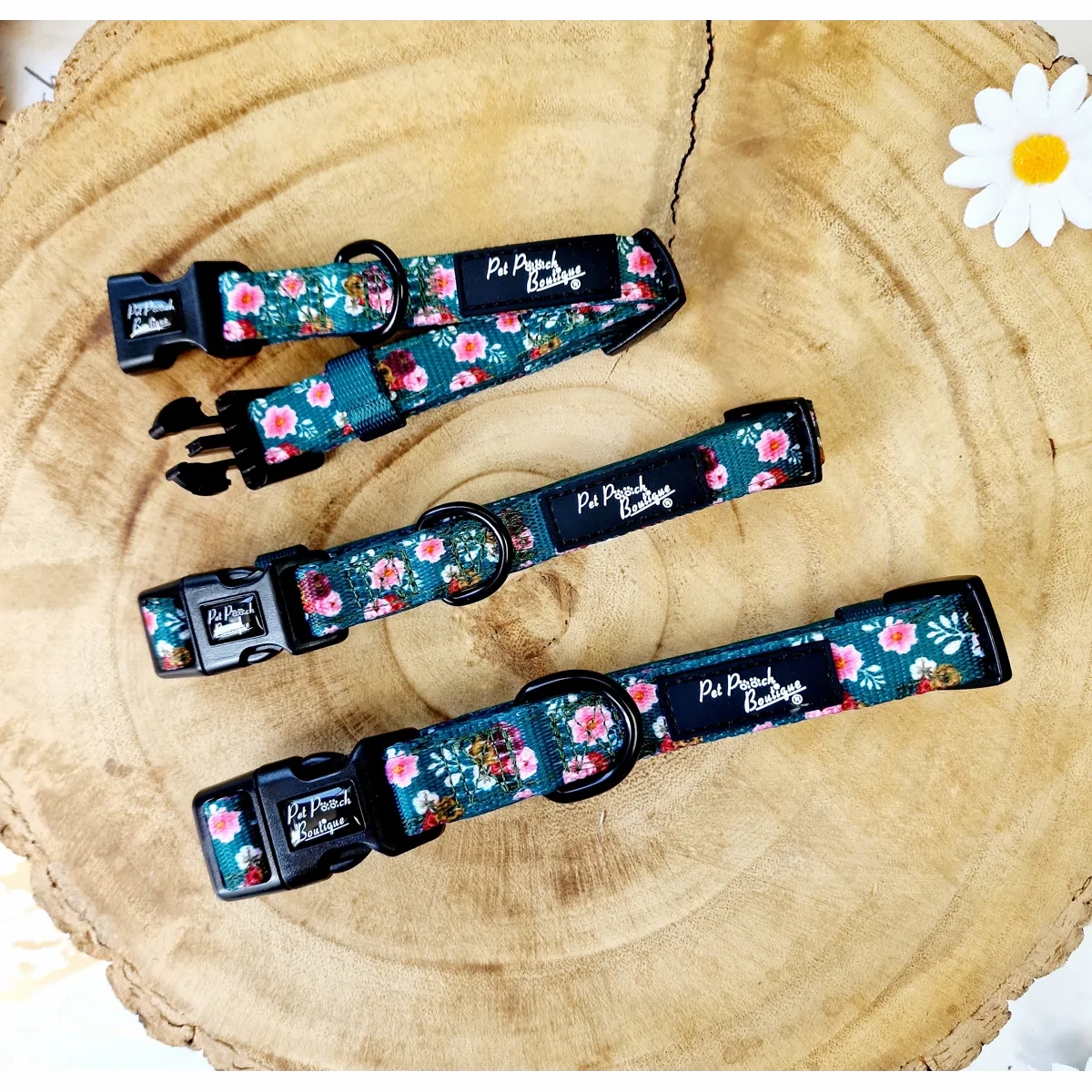 Vintage Clover Green Peonies Dog Collar