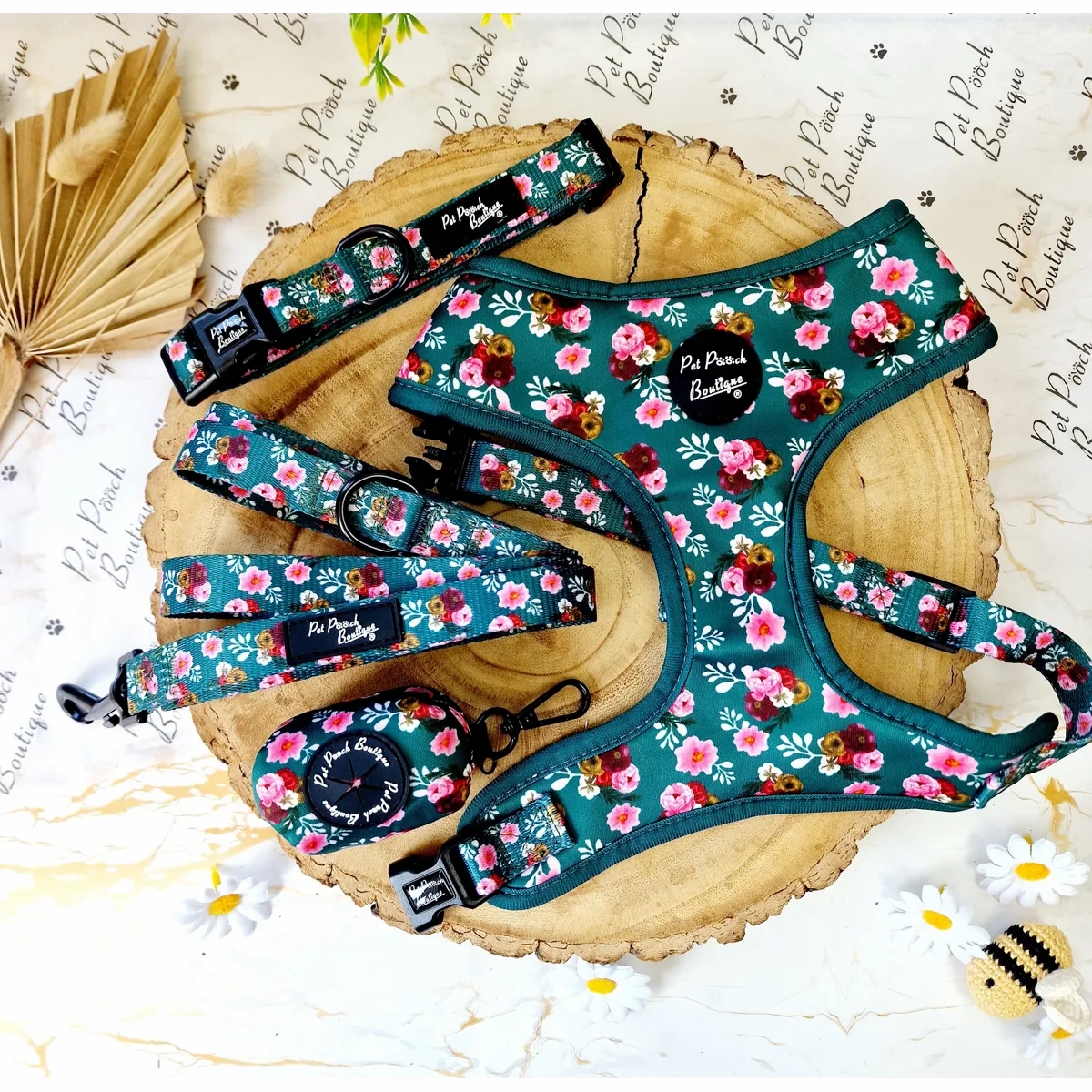 Vintage Clover Green Peonies Dog Harness